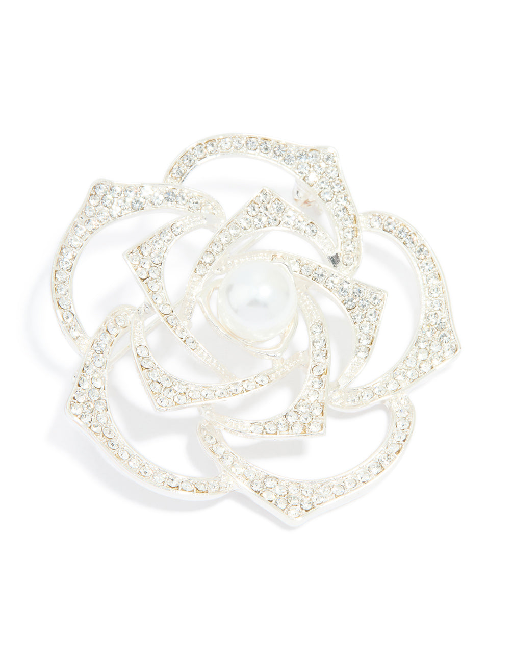 Silver Diamante & Pearl Rose Brooch