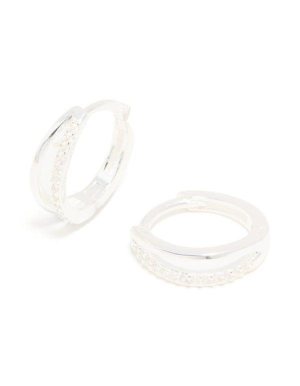 Showcasing sterling silver cubic zirconia double hoop earrings in silver front view