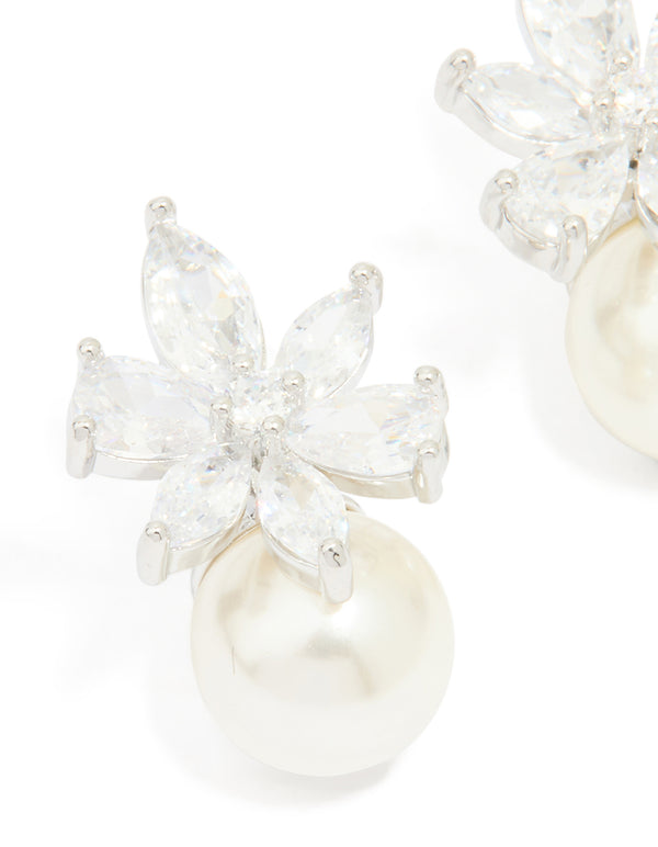 Silver Cubic Zirconia Flower Pearl Drop Earrings
