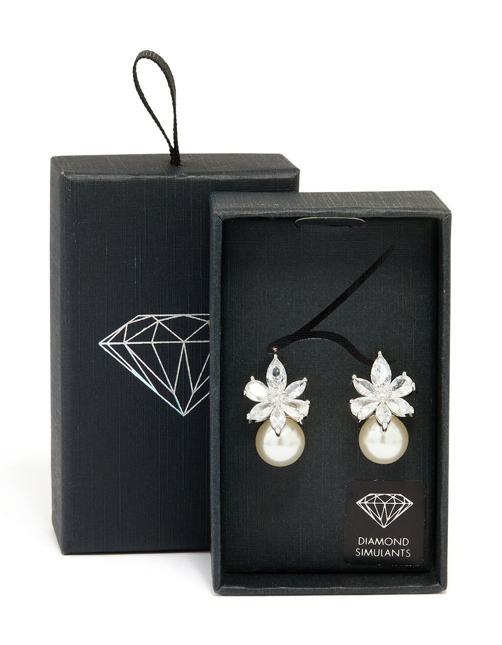 Silver Cubic Zirconia Flower Pearl Drop Earrings