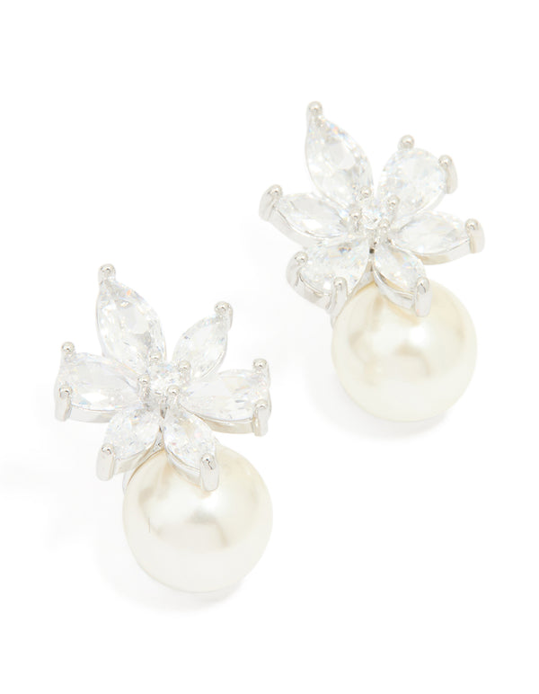 Silver Cubic Zirconia Flower Pearl Drop Earrings