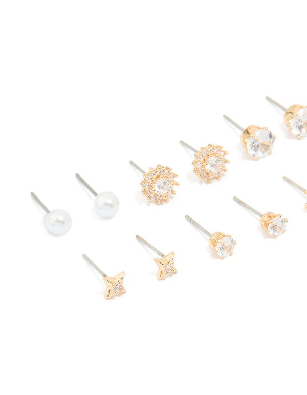 Gold Diamante Mixed Shaped Stud Earrings 6-Pack