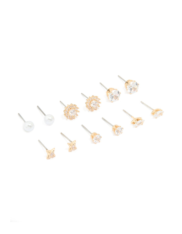 Gold Diamante Mixed Shaped Stud Earrings 6-Pack