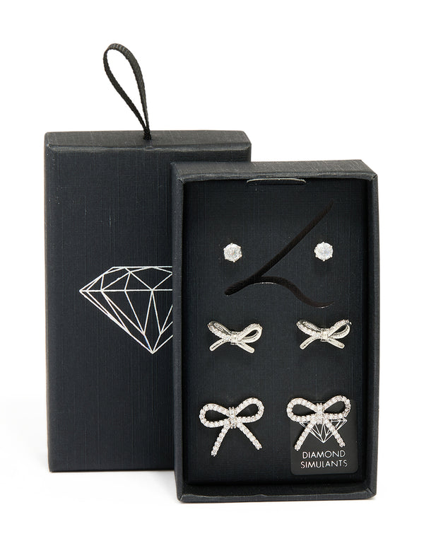 Silver Bow & Classic Stud Earrings 3-Pack