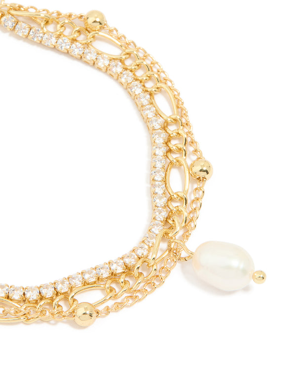 Gold Plated Freshwater Pearl Diamante Layered Chain Bracelet