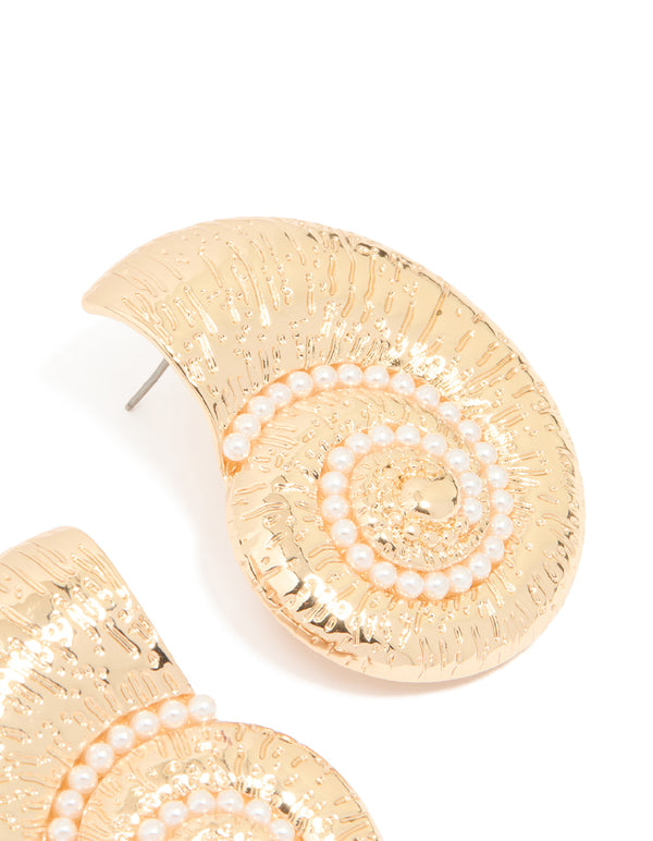 Gold Pearl Swirl Shell Earrings