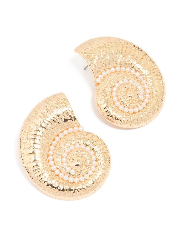 Gold Pearl Swirl Shell Earrings