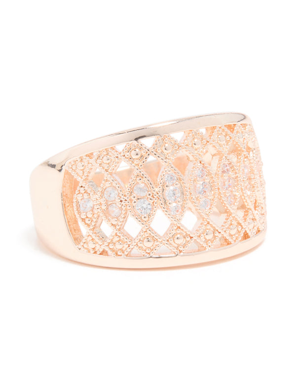 Rose Gold Cubic Zirconia Oval Cluster Embellished Ring