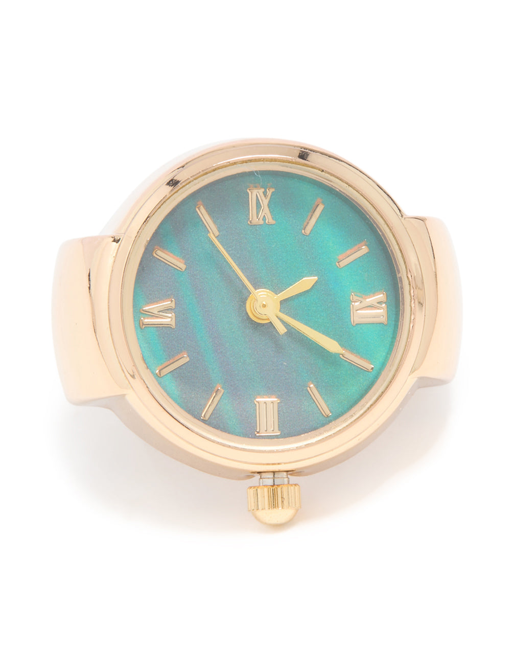 This statement watch ring features roman numerals in gold and turquoise front view