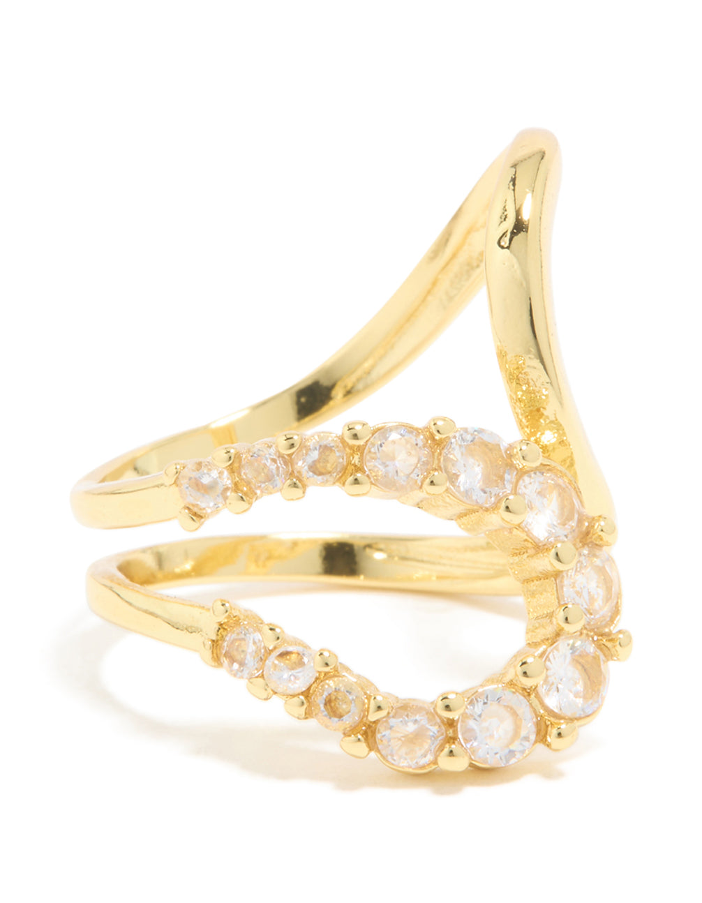 Showcasing a waterproof gold plated stainless steel opposite cubic zirconia swirl ring front view