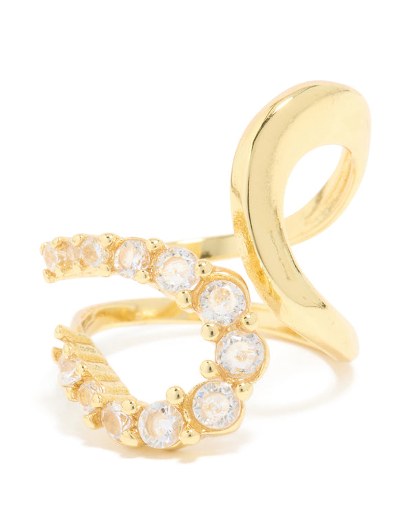 Crafted from waterproof gold plated stainless steel opposite cubic zirconia swirl ring close up view