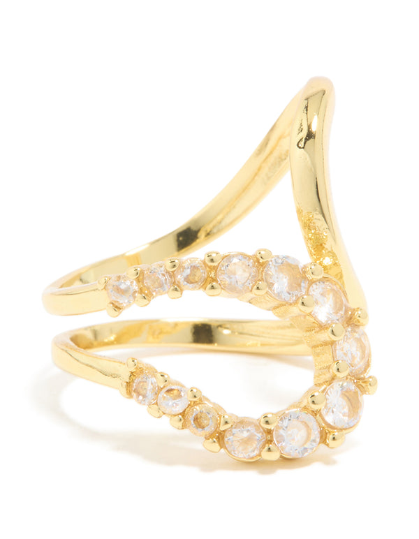 Showcasing a waterproof gold plated stainless steel opposite cubic zirconia swirl ring front view