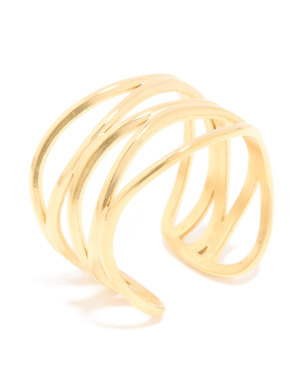 Showcasing waterproof gold plated stainless steel layered line ring with statement style side detail view