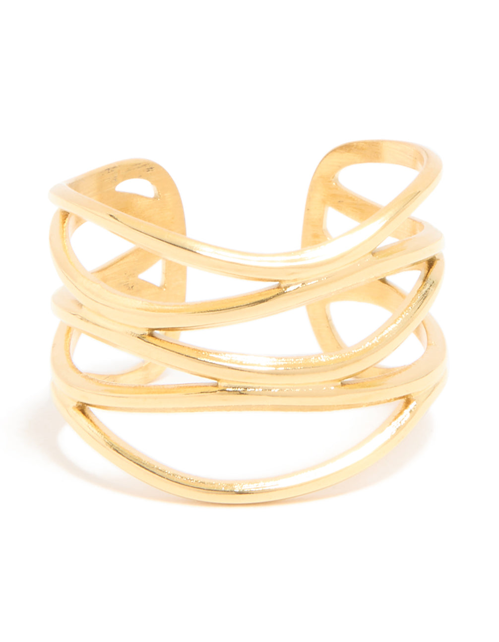 Crafted from waterproof gold plated stainless steel layered line ring featuring statement style close up view
