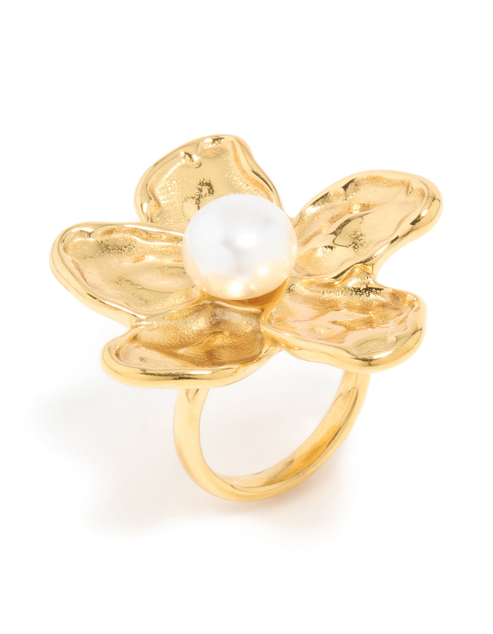 Showcasing a waterproof gold plated stainless steel large flower pearl ring with floral pattern and statement design in white side detail view