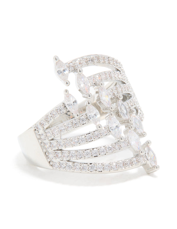 Showcasing a cubic zirconia mini triangles layered ring in silver with statement design side detail view