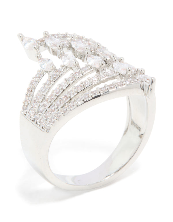 Elegant cubic zirconia mini triangles layered ring crafted from silver with statement style front view
