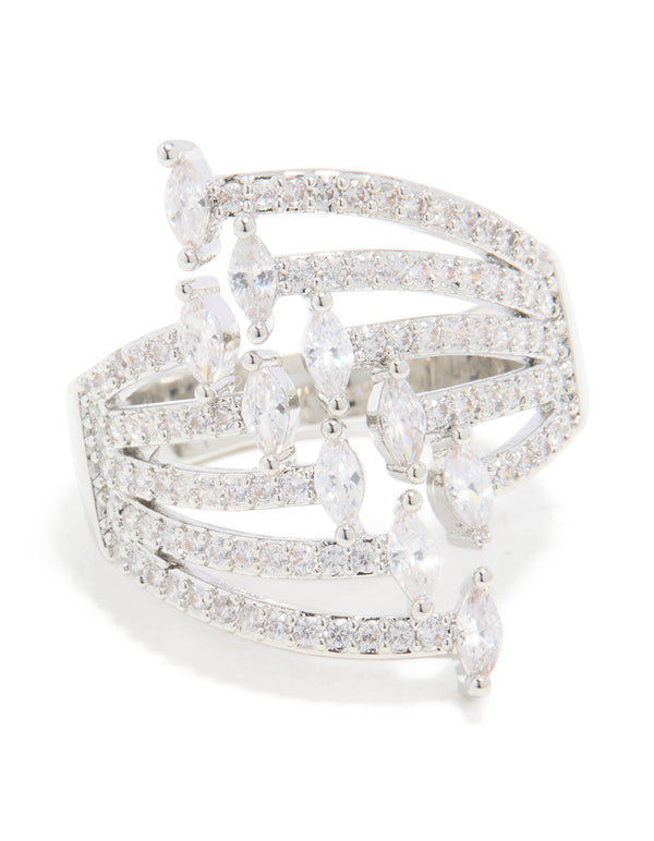 Featuring a cubic zirconia mini triangles layered ring in silver with statement design close up view