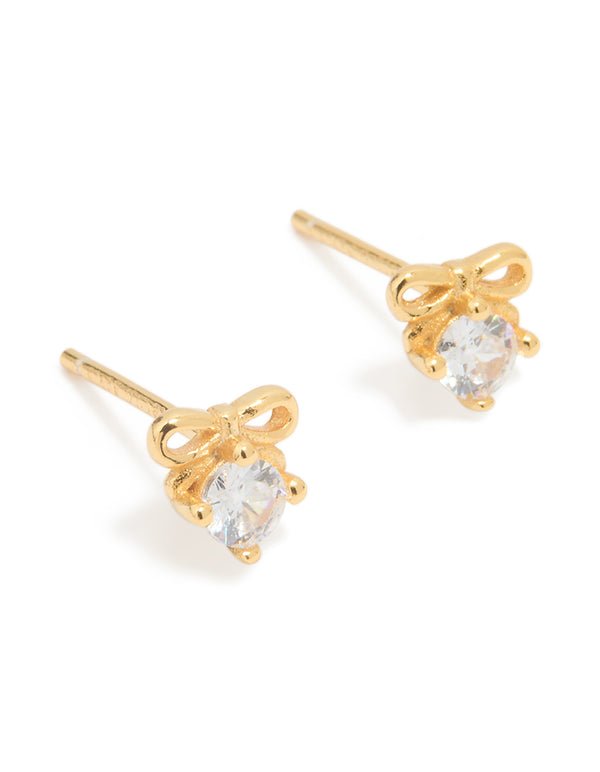 Gold Plated Sterling Silver Cubic Zirconia Bow Stud Earrings