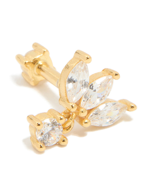 Showcasing a gold plated sterling silver cubic zirconia fan marquise single flat back stud front view