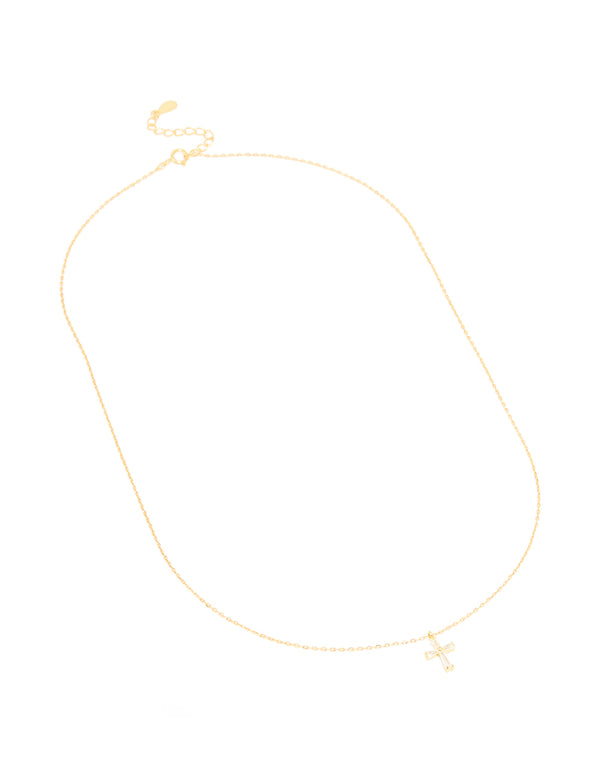 Timeless gold plated sterling silver cubic zirconia cross necklace front view
