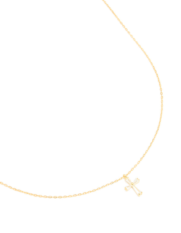 Showcasing a gold plated sterling silver cubic zirconia cross necklace close up view