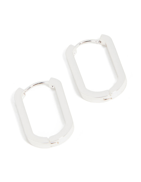 Waterproof stainless steel oblong hoop earrings in silver front view