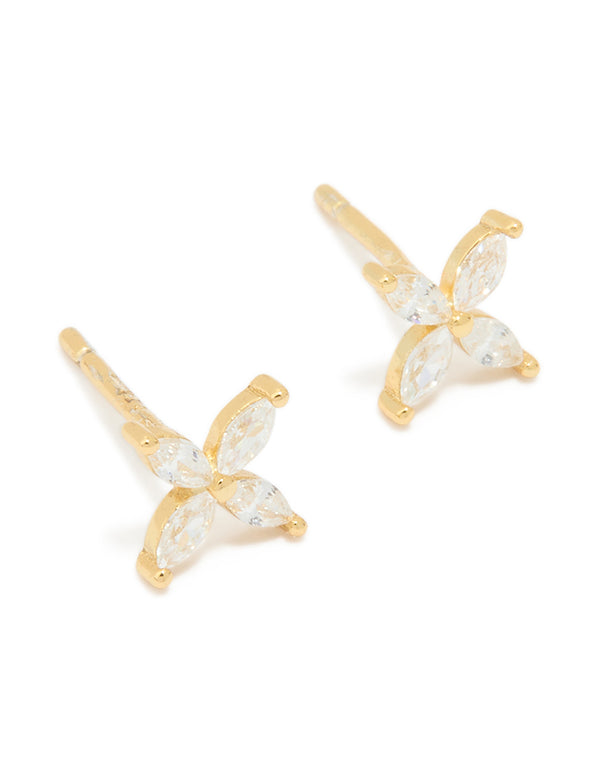 Elegant waterproof floral stainless steel stud earrings featuring cubic zirconia in gold plated finish with clear accents front view