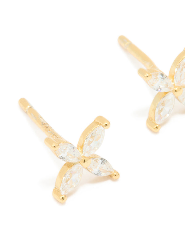 Waterproof Gold Plated Stainless Steel Cubic Zirconia Flower Stud Earrings