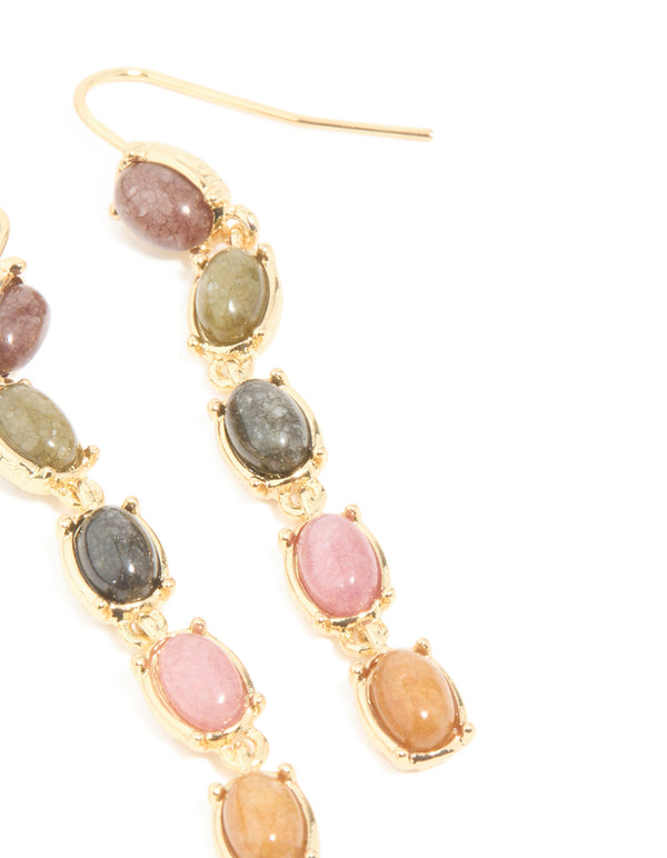 Gold Plated Oval Multicoloured Semi Precious Stone Hook Earrings