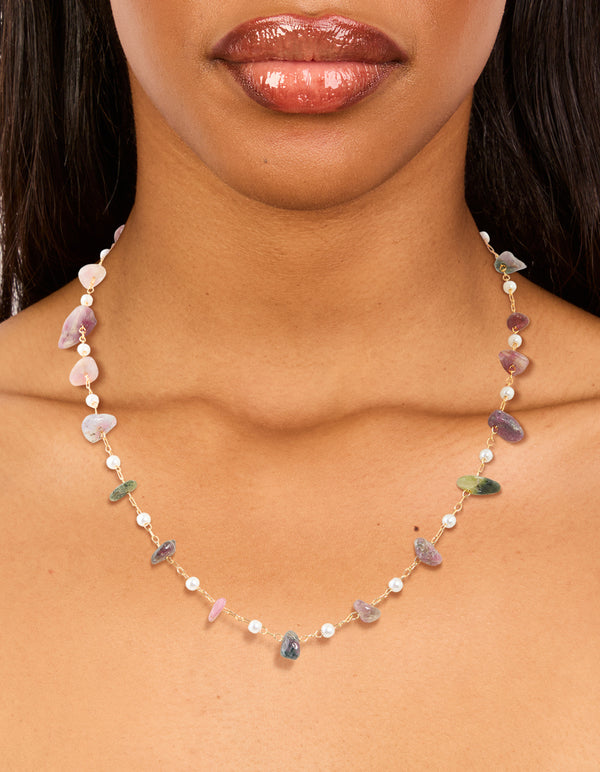 Gold Plated Semi Precious Stones & Pearls Alternating Necklace