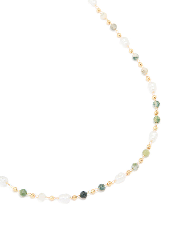 Gold Plated Green Semi Precious Stone & Pearl Necklace