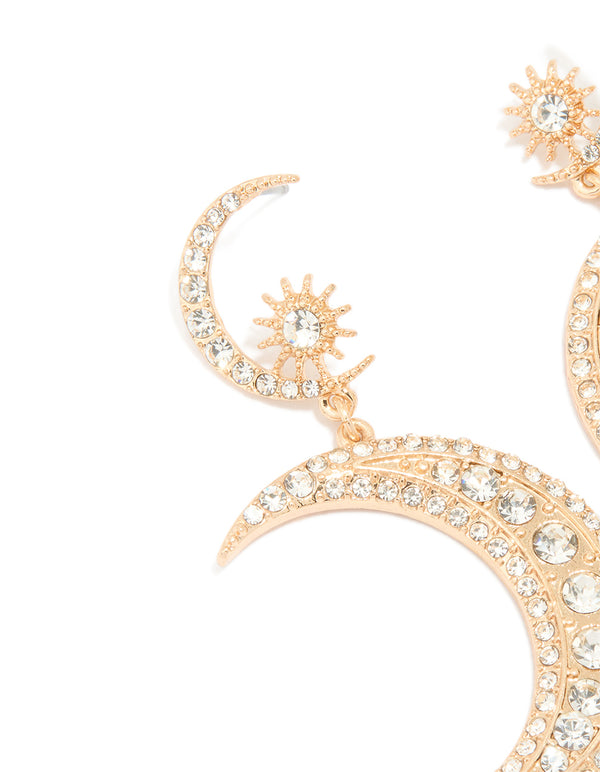 Gold Diamante Double Moon Earrings