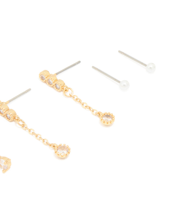Gold Plated Cubic Zirconia & Dainty Pearl Earrings 4-Pack