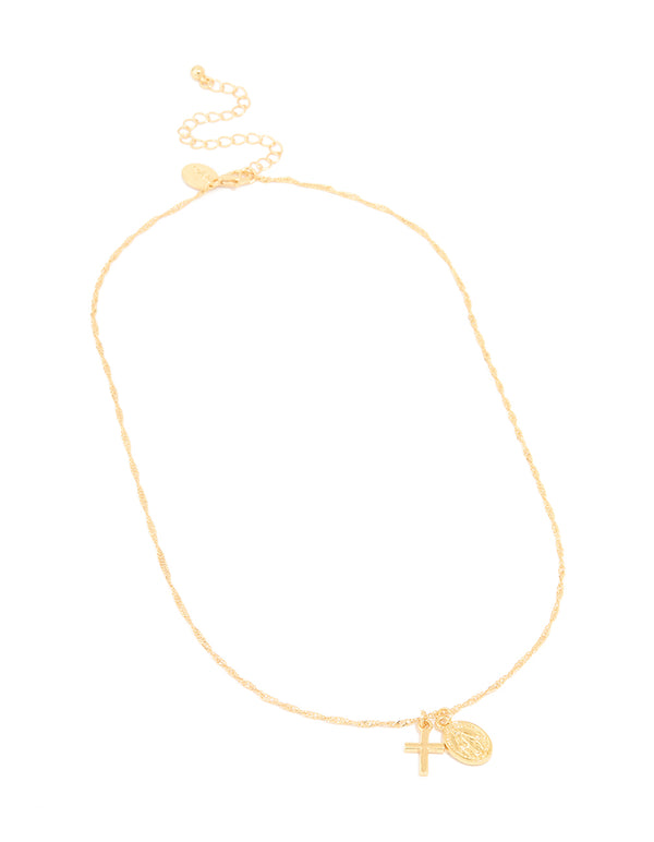 Gold Plated Cross & Coin Necklace