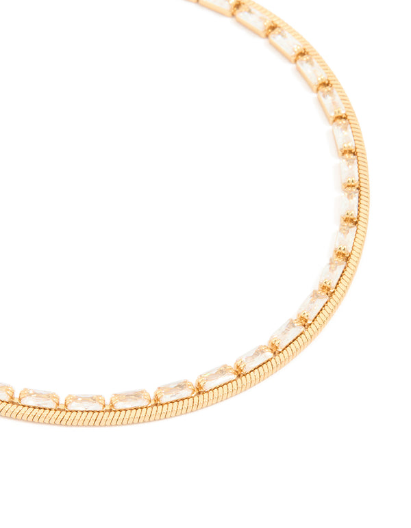 Gold Plated Cubic Zirconia Baguette & Chain Layered Bracelet
