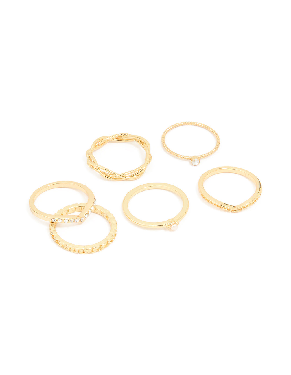 Gold Plated Diamante Twisted V Rings 6-Pack