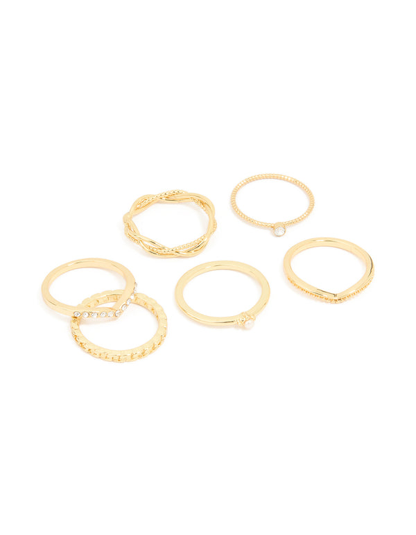 Gold Plated Diamante Twisted V Rings 6-Pack