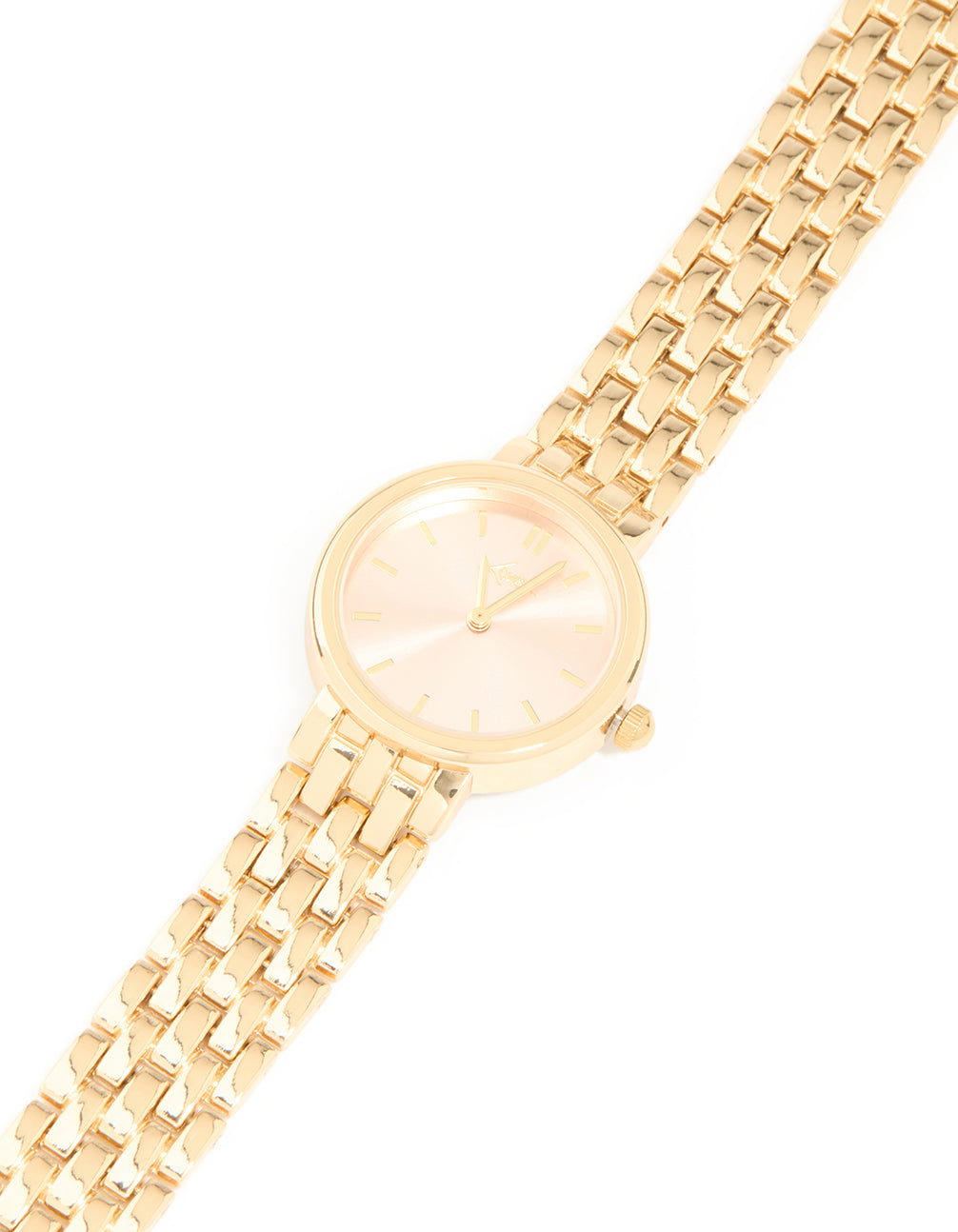 Presenting a pink dial round face watch featuring women's casual analog design with link band in gold strap color watch face detail view