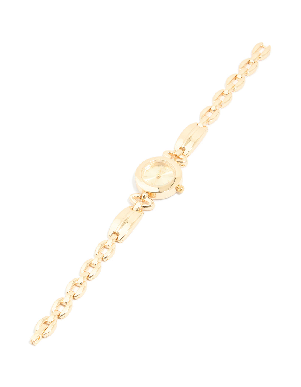 Designed with gold, this small diamante vintage watch features white dial displaying roman numerals, round shape, link band strap crafted for women's casual occasions, analog timepiece front view
