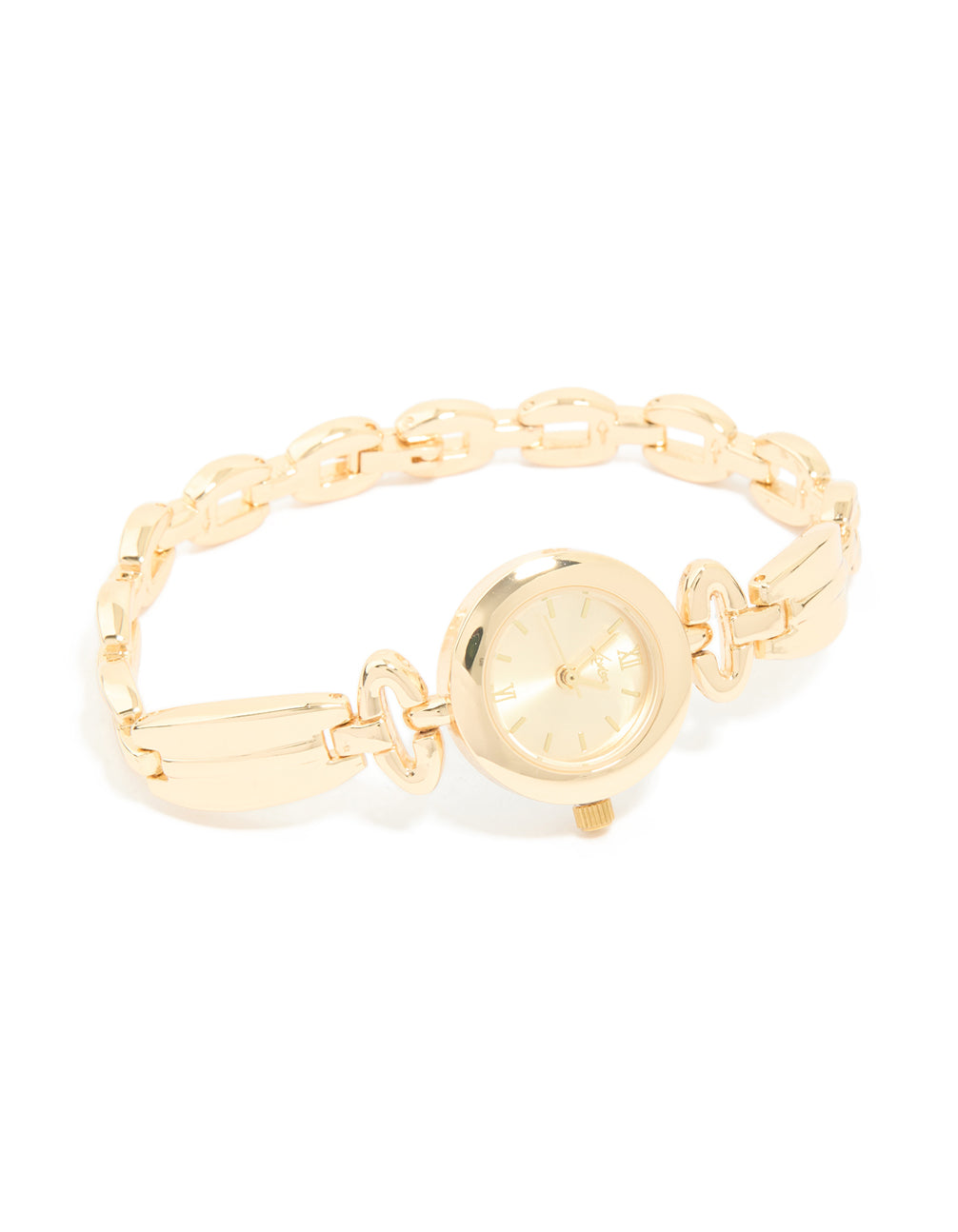 Designed with gold, this small diamante vintage watch features white dial displaying roman numerals, round shape, link band strap crafted for women's casual occasions, analog timepiece front view