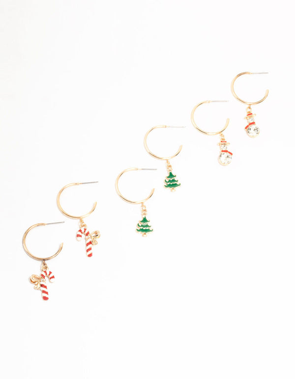 Gold Diamante Snow men & Candy Cane Hoop Charm Earrings 3-Pack