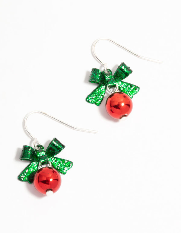 Silver Green Bow & Red Bell Drop Earrings