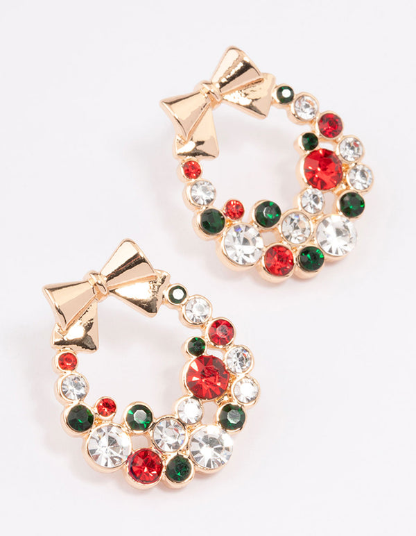 Gold Multicoloured Diamante Wreath With Gold Bow Stud Earrings