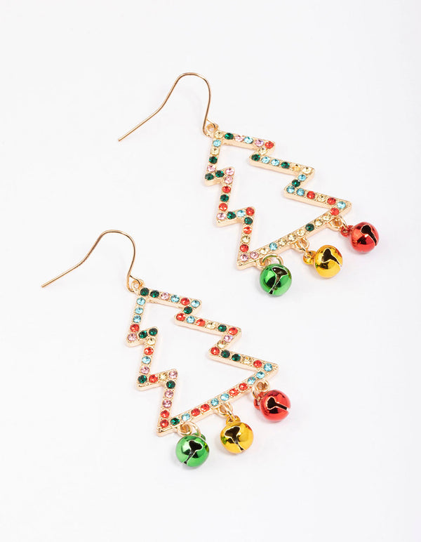 Gold Bell & Festive Tree Outline Earrings