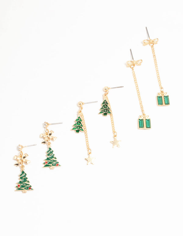 Gold Green Festive Tree & Green Diamante Present Drop Earrings 3-Pack
