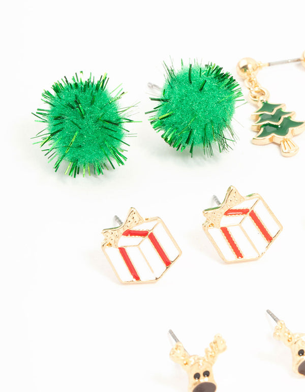 Gold Green Pom Pom & Candy Cane Stud Earrings 12-Pack