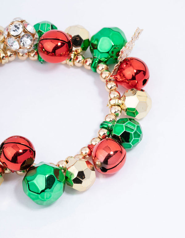 Gold Green & Red Jingle Bells Chunky Charm Stretch Bracelet