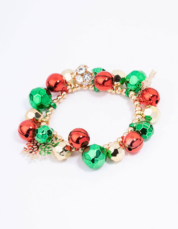 Gold Green & Red Jingle Bells Chunky Charm Stretch Bracelet