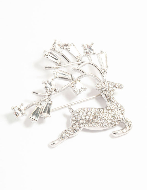 Silver Diamante Reindeer Brooch